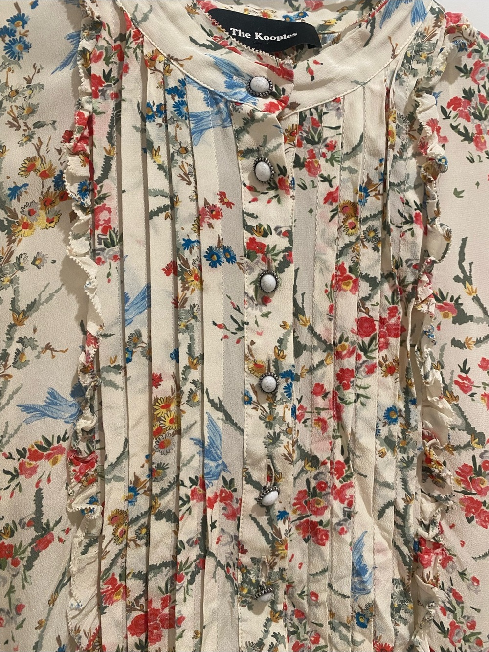 The Kooples Cream Floral Pleated Dress with Blue Bird Motif - Picture 3 of 9